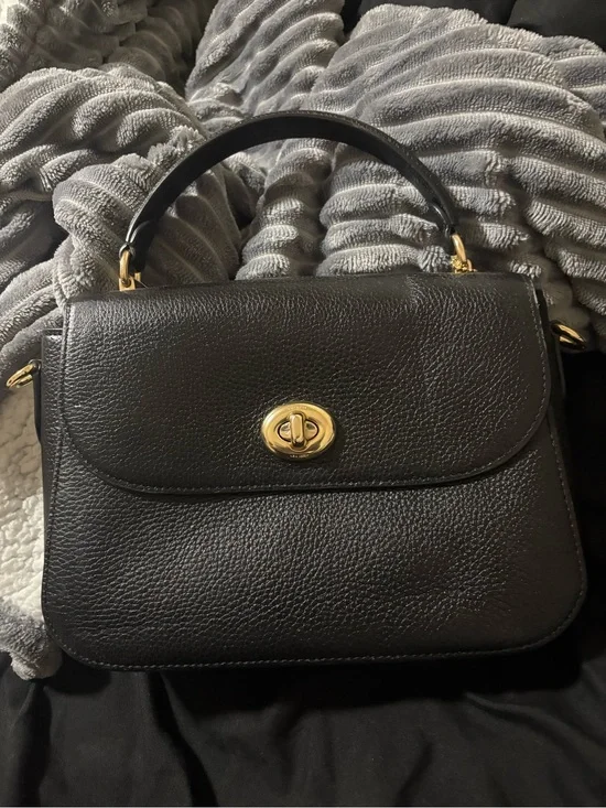 Classic Black Coach Leather Top-Handle Bag with Gold Hardware