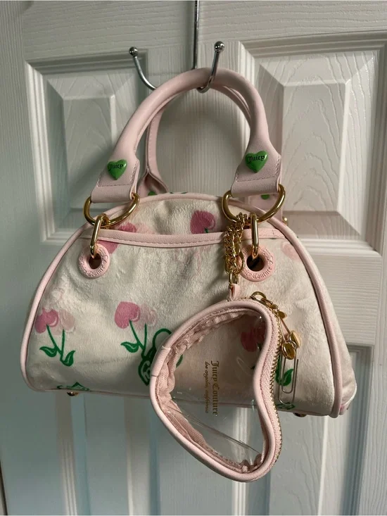 Juicy Couture Pink & Cream Floral Dome Satchel with Heart Coin Pouch
