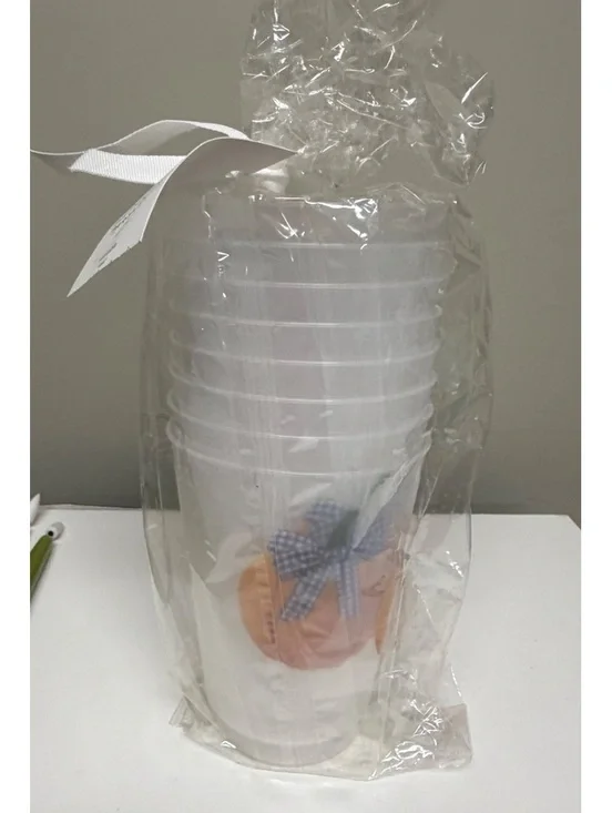 WH Hostess Pumpkin Gingham Bow Shatterproof Cups Set of 8 16 oz Fall