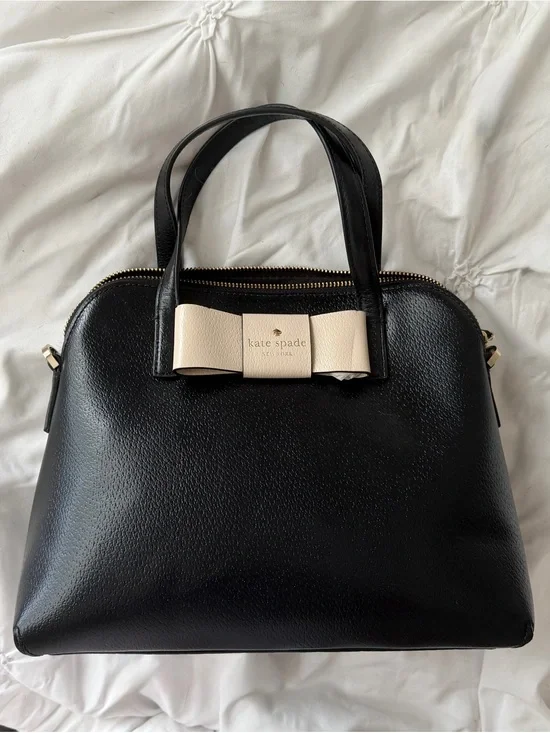 kate spade Black Leather Satchel with Cream Bow Accent