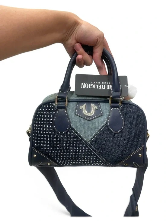 True Religion Navy Denim Patchwork Studded Satchel