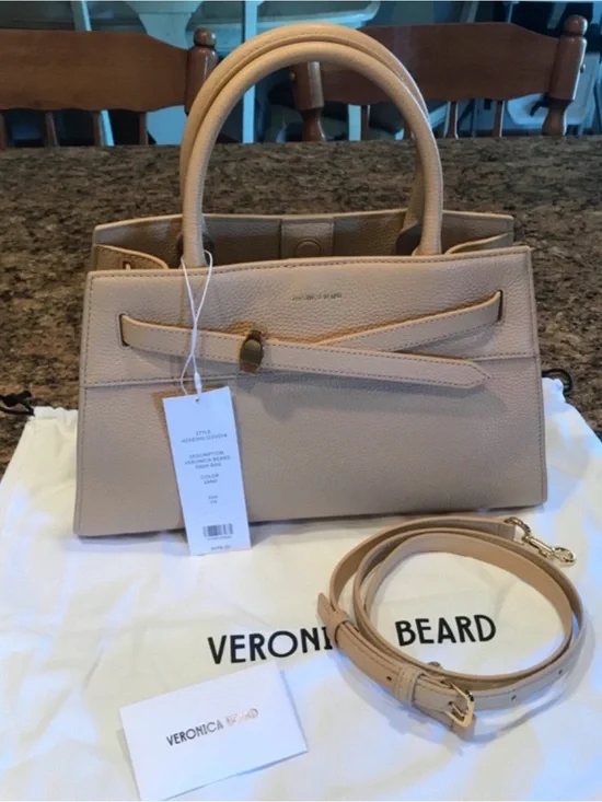 Veronica Beard Beige Pebbled Leather Satchel with Removable Strap