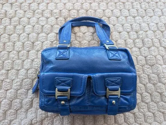 Michael Kors Royal Blue Patent Leather Ranger Satchel Purse Large Silver Y2K