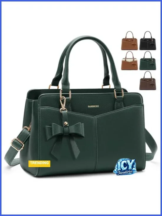 PU Leather Satchel Purse for Women, Work Handbag with Bowknot, Fits 11-in iPad