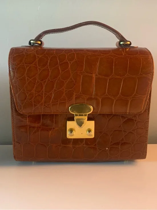Talbots Structured Croc-Embossed Satchel in Brown. Gold hardware.