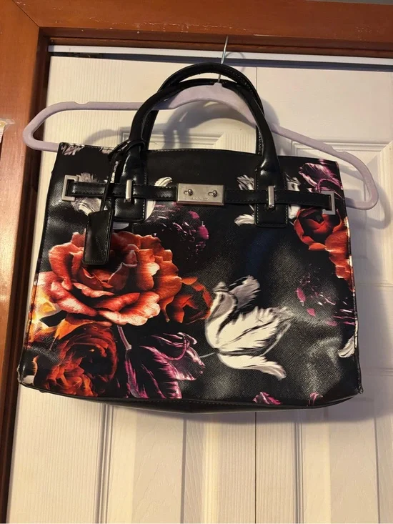 Nine West Floral Black Tote Handbag with Red & White Rose Print