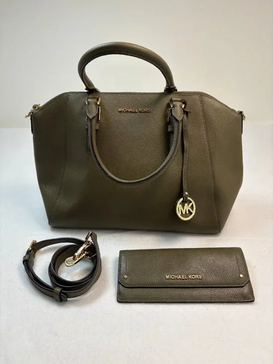 Michael Kors Ciara Satchel Crossbody Purse & Flap Wallet Set Olive Green Luxury