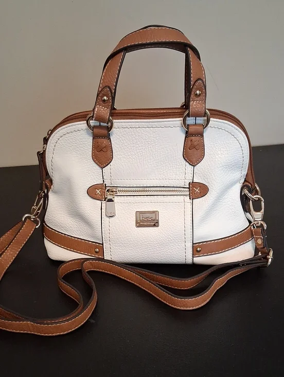 b.o.c. White and Tan Faux Leather Satchel Handbag Shoulder Bag Crossbody Purse