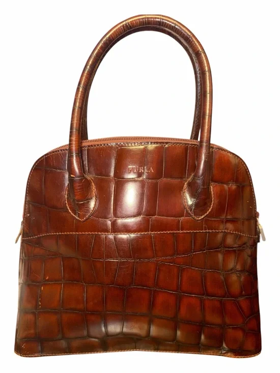 Vintage Furla Italian Croc Embossed Leather Dome Satchel Bag Brown
