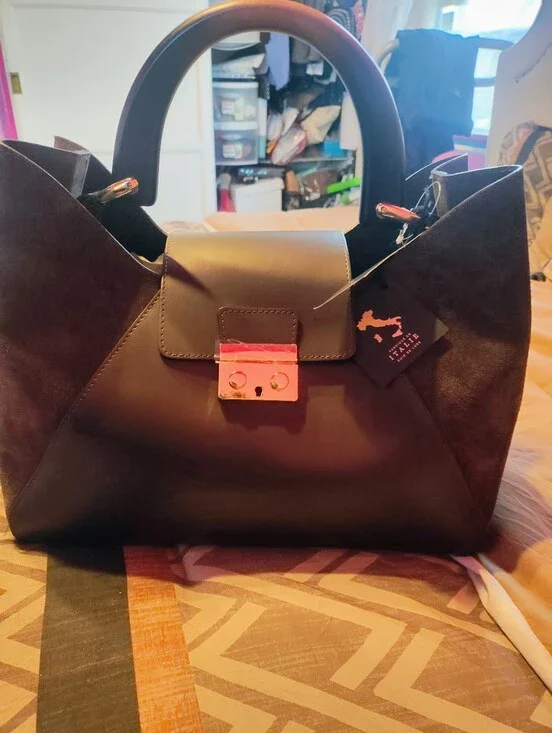 Italian Leather Black Satchel with Rose Gold Lock