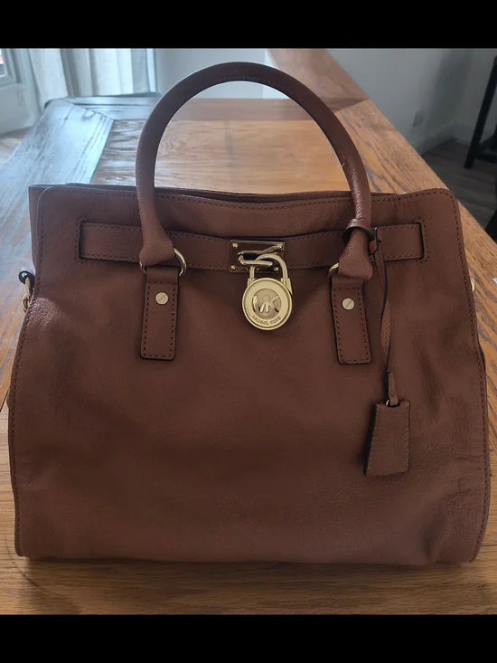 Michael Kors Chestnut Leather Satchel with Gold-Tone MK Charm