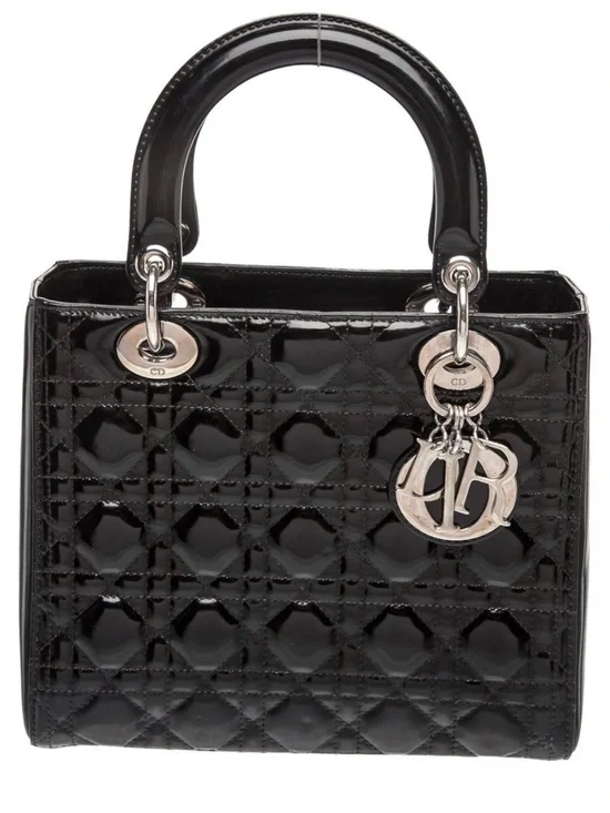 Dior Black Patent Quilted Lady Tote with Silver Hardware