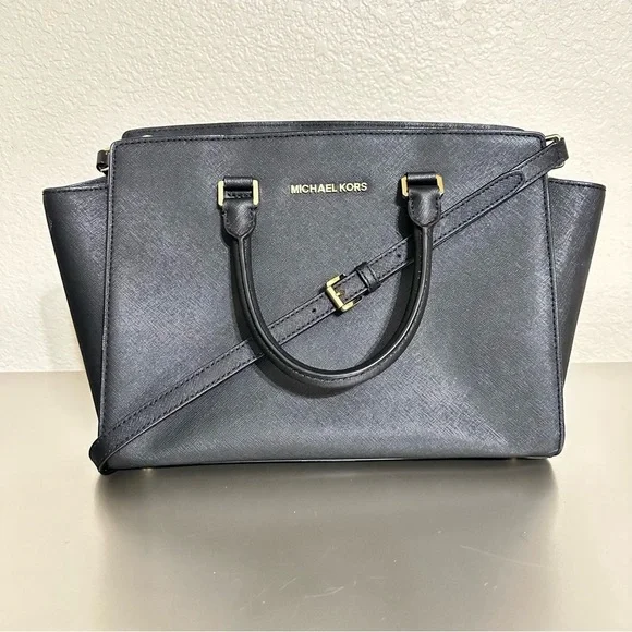 Michael Kors Selma Large Black Saffiano Leather Satchel Tote Crossbody Bag
