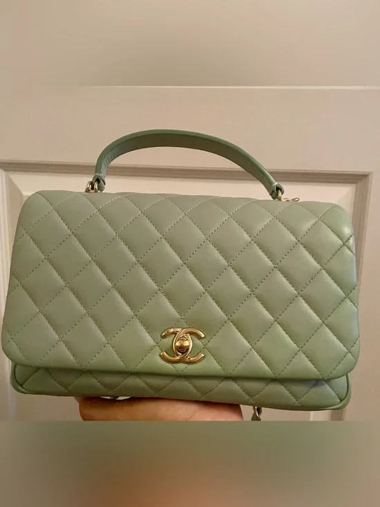 CHANEL Mint Green Quilted Top Handle bag with Gold Hardware