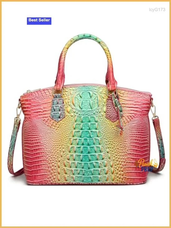 Vegan Leather Embossed Croc Satchel Tote with Adjustable Strap