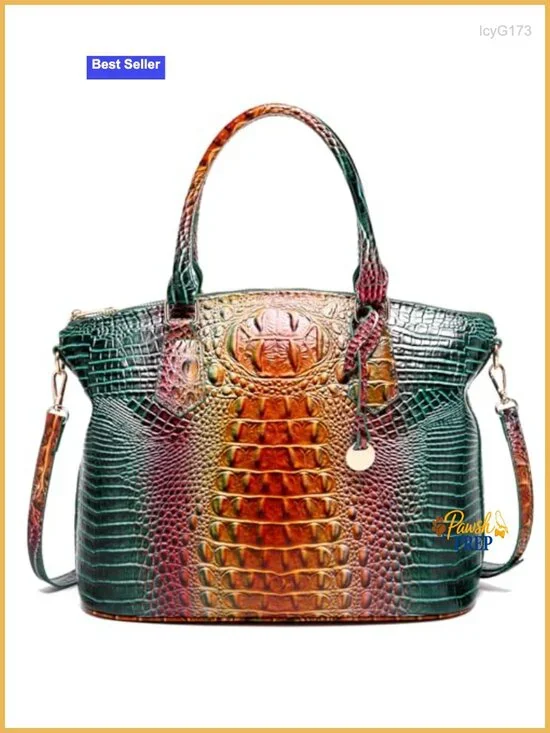 Vegan Leather Croc Embossed Satchel Tote with Shoulder Strap