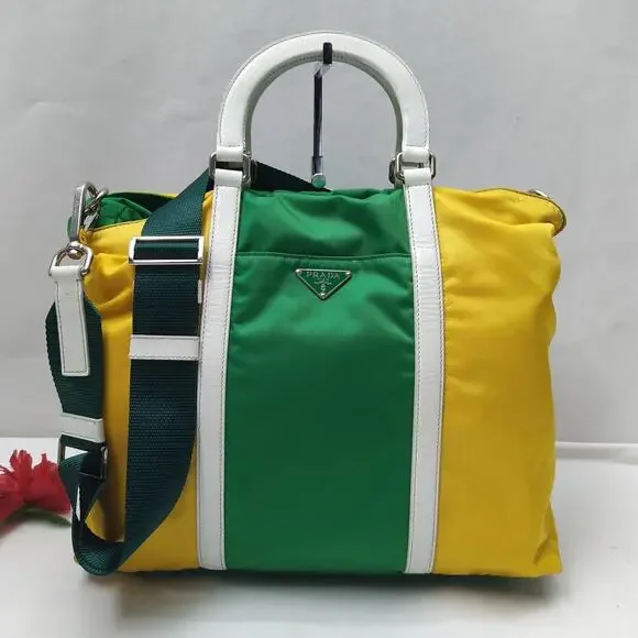 PRADA Two-Way Yellow Green Nylon Top Handle Zipper Satchel Crossbody Bag