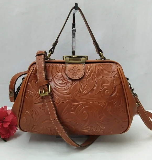 Patricia Nash Brown Leather Floral Pushlock Framed Closure Satchel Crossbody Bag