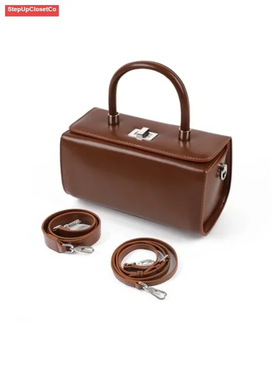 Genuine Leather Crossbody Bag Dual Straps Box Shape Women's Purse Satchel