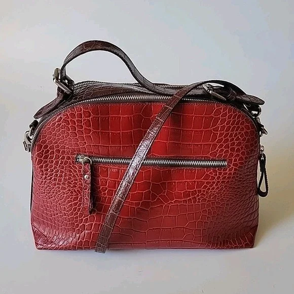 Niquea.D Satchel Shoulder Bag Embossed Italian‎ Leather Top Handle Statement