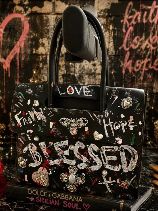 Hand painted by me Black 'Blessed' Embellished Graffiti Satchel