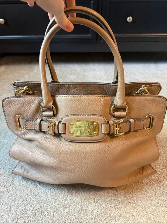 Michael Kors Taupe Pebbled Leather Satchel with Gold Hardware