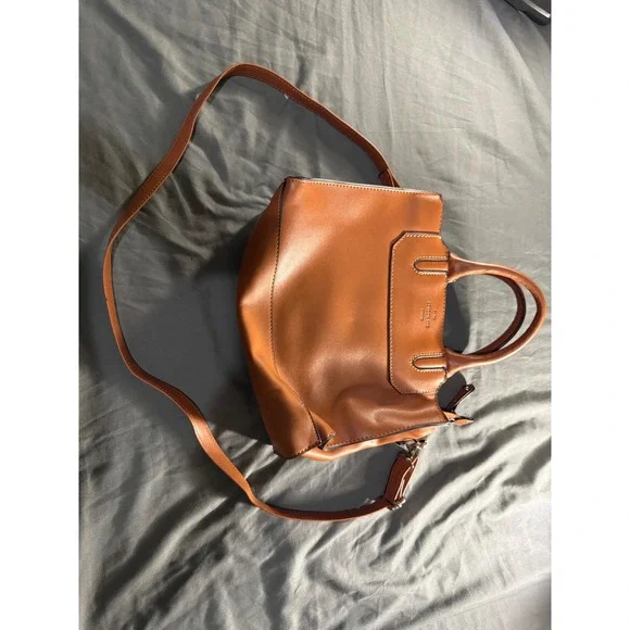 London Fog Cognac Brown Faux Leather Satchel Crossbody Handbag
