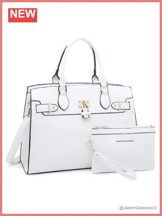 Women's Vegan Leather Satchel Tote Shoulder Bag with Matching Clutch