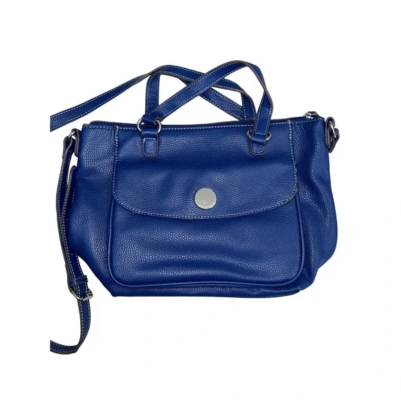 Liz Claiborne Blue Pebbled Faux Leather Satchel Crossbody Bag Contrast Stitching