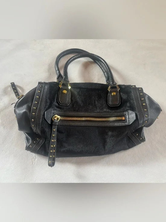 orYANY Brenda Black Calf Hair Leather Studded Satchel Bag
