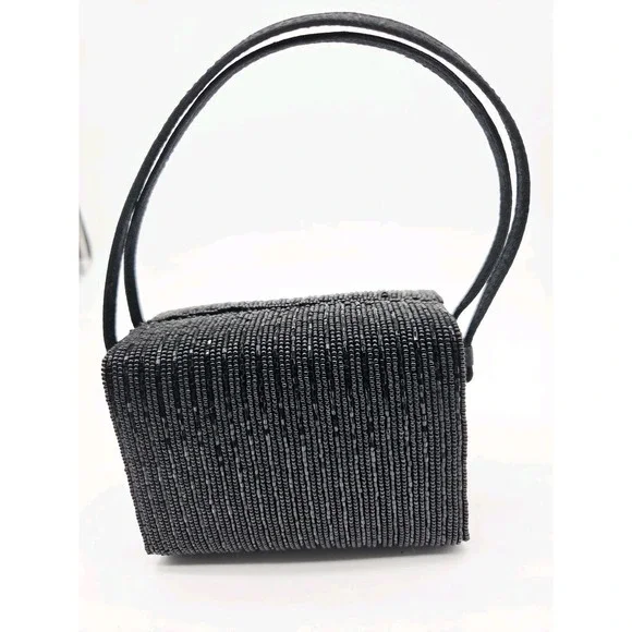 La Regale Black Beaded Clutch Purse Small Vintage‎ Satchel Double Handle 5