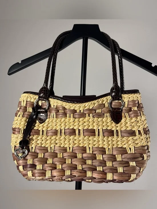 Brighton Woven Raffia & Croc Embossed Leather Purse Floral Lining Boho Beach