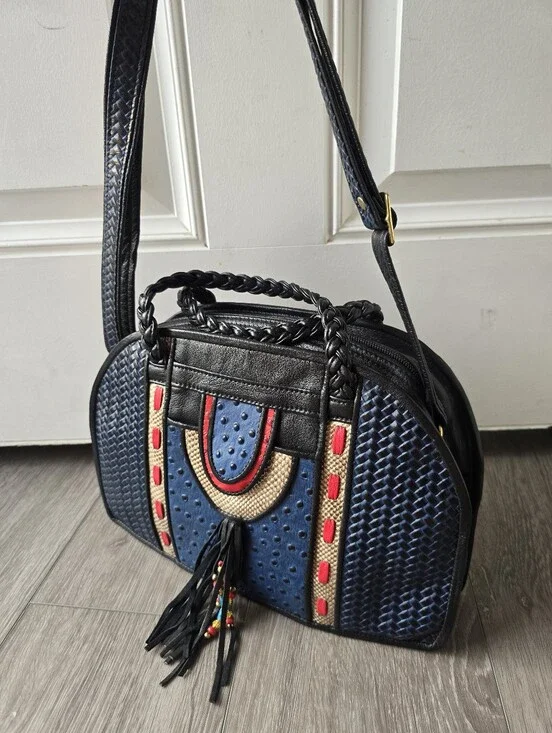D'Onofrio Leather Handmade Boho Satchel Bag Blue Basketweave Ostrich Tassel USA