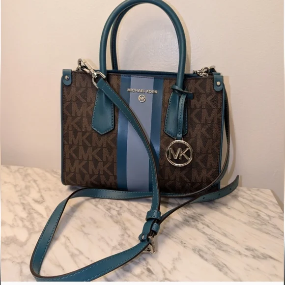 Michael Kors Brown Satchel with Teal and Light Blue Trim