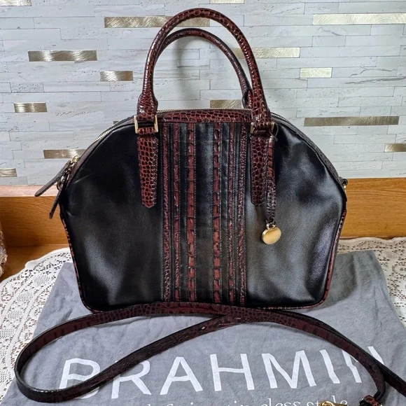Brahmin Camden Black Satchel‎ With Brown Croc Leather Detail