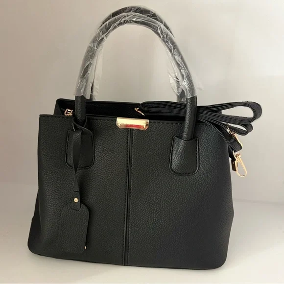 Woman's Black Handbag Shoulder Bag Purse Tote with Gold Accents