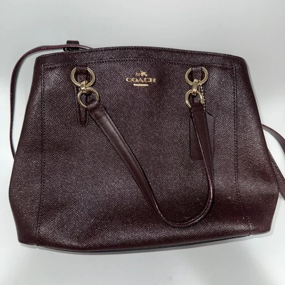 Coach Pebble Leather‎ Burgundy/Purple Glitter Satchel Crossbody Handbag Silver