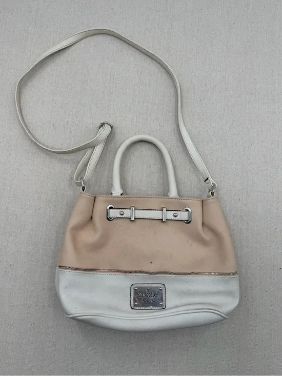 Nicole Miller Beige and White Leather Satchel with Long Strap