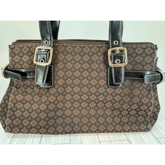 Nine West Women's Brown Geometric Print Buckle Accent Satchel Shoulder Bag Purse