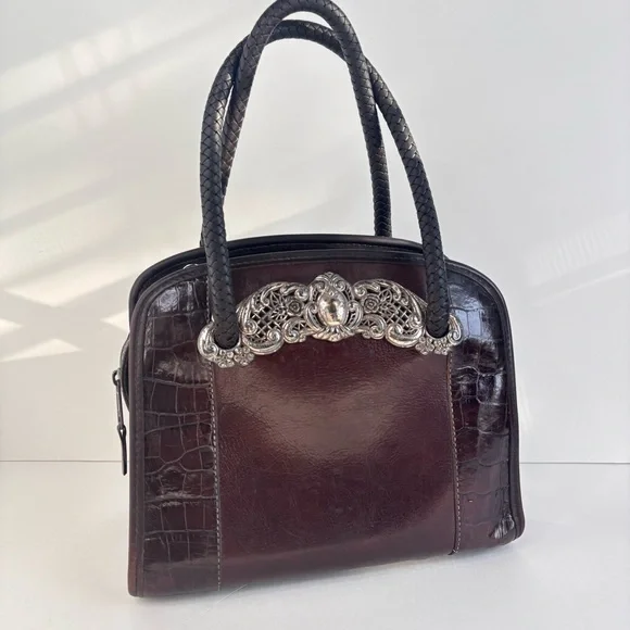 Vintage Brighton Brown Leather Silver Filigree Braided‎ Handle Handbag A162006
