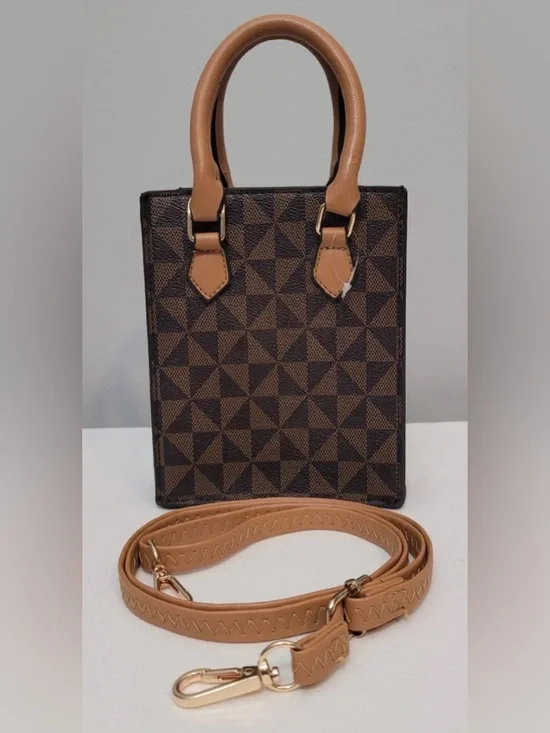 Structured Brown Geometric Triangle Mini Satchel Crossbody Bag with Tan Handles