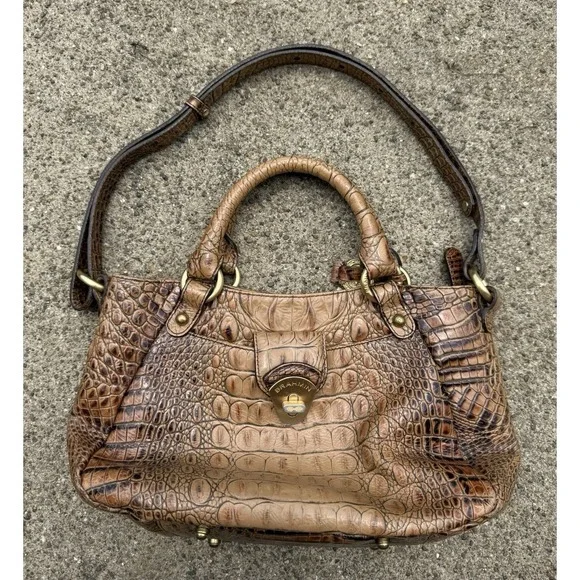 Vintage Brahmin Mini Elisa‎ Toasted Almond Tan Leather Satchel Handbag w Strap