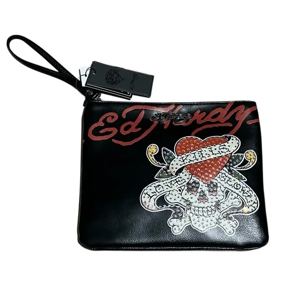 Ed Hardy Black pouch with a bedazzled Red heart and‎ skull.