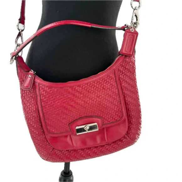 COACH Kristin Woven Leather Hobo Satchel Shoulder Crossbody Bag Scarlet Red