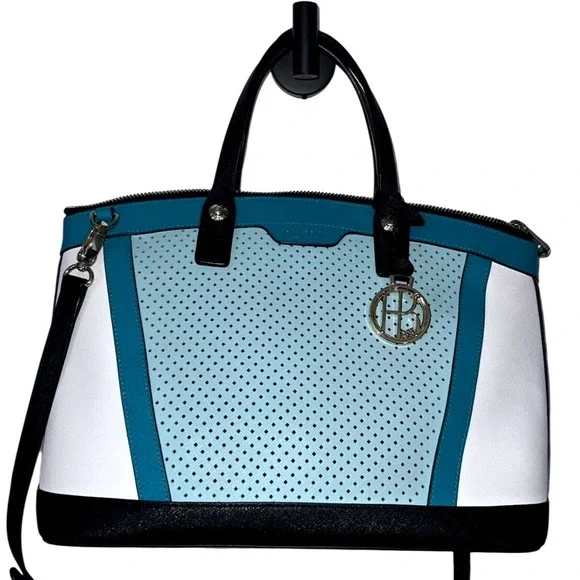 Henri Bendel Satchel Teal White Black Perforated Saffiano‎ Bag no shoulder strap