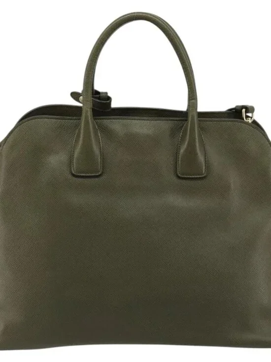 PRADA Cuir Open Promenade Satchel Bag Saffiano 2way Khaki Gold Auth