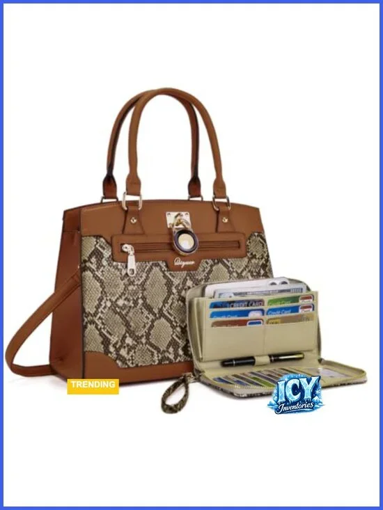 Vegan Leather Satchel Tote with RFID Wallet - Top Handle Handbag Set