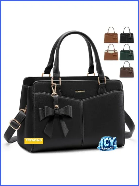 Women's PU Leather Satchel Handbag with Bowknot, Shoulder Strap, Fits 11'' iPad