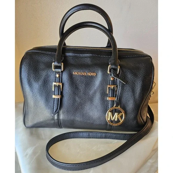 Michael Kors Medium Bedford Black/Gold Pebbled‎ Leather Duffle Satchel Crossbody
