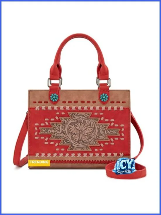 Montana West Tooling Top Handle Purse Western Woven Floral Faux Leather Handbag